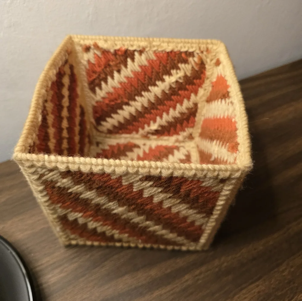 Handcrafted Crosstitch Vintage Tissue Box Holder - Orange and Cream